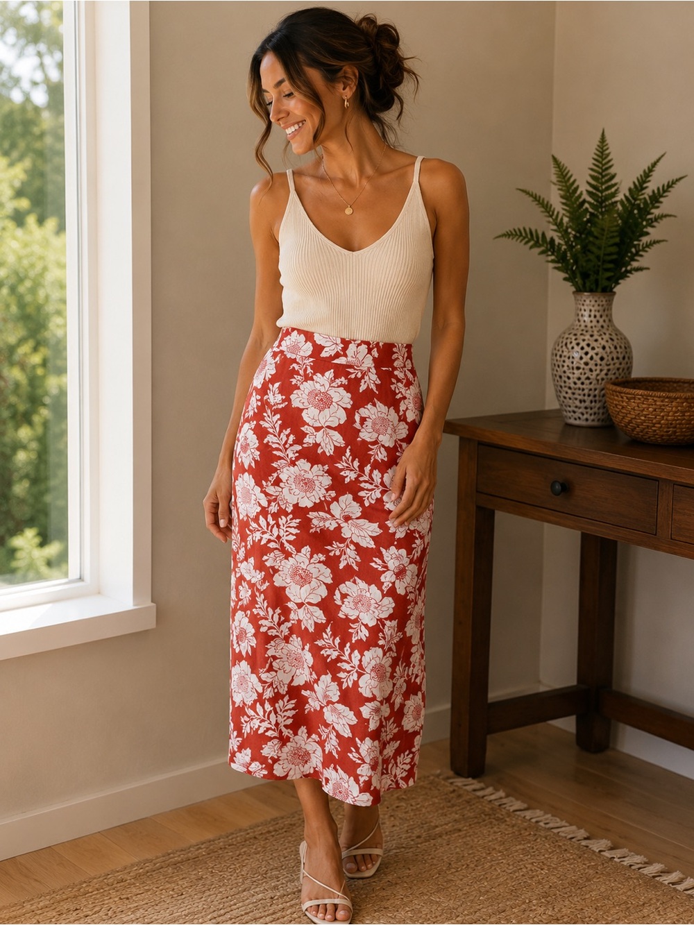 Old Navy Coral Floral Maxi Skirt with White Blooms